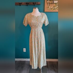 Vintage 90s Rayon Dress Ditsy Floral Button Teachercore Yellow Size Med Large